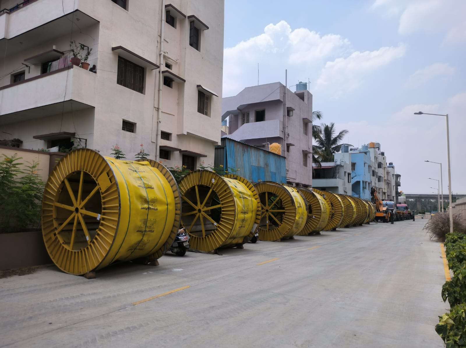 Row of cable drums delivered to a site